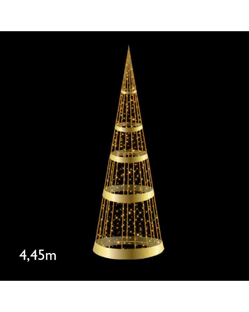 Golden cone with golden rings of 2.45 meters, warm light LEDs, flash effect, IP65, low voltage 24V 36W