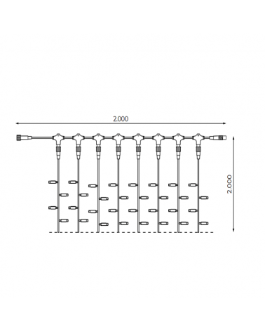 2x2m RGBWW LED curtain with white cable and 400 LEDs, IP65, suitable for outdoor use.