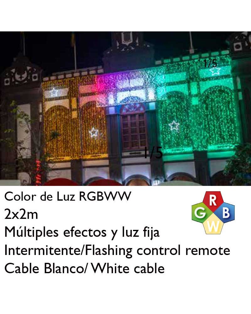 2x2m RGBWW LED curtain with white cable and 400 LEDs, IP65, suitable for outdoor use.