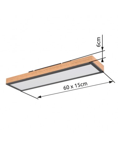 Plafón LED techo 60x15cm de metal, acrílico y madera acabado negro, opal