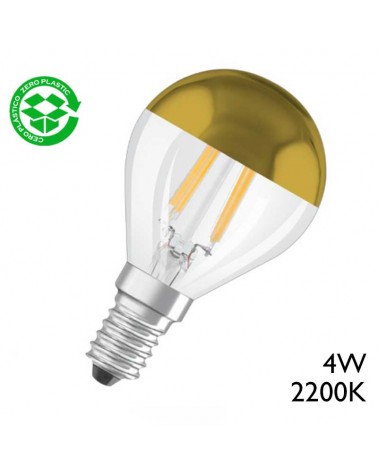 Bombilla Esférica 45 mm. Cúpula Espejo Dorada filamentos LED E14 4W 2200K 400Lm.