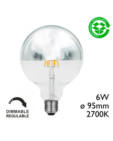 LED Globe bulb 95 mm. Dome Mirror LED filaments Dimmable E27 6W 2700K 595Lm.