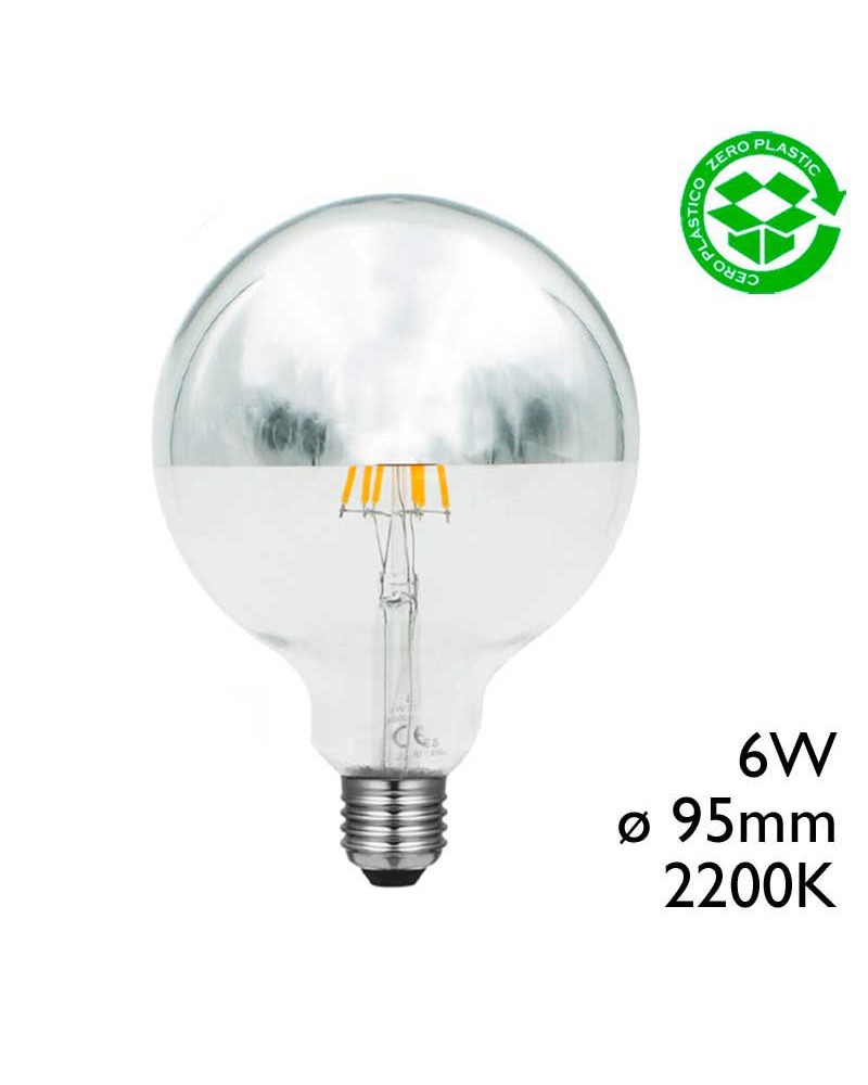 Bombilla Globo 95 mm. Cúpula Espejo filamentos LED E27 6W 2200K