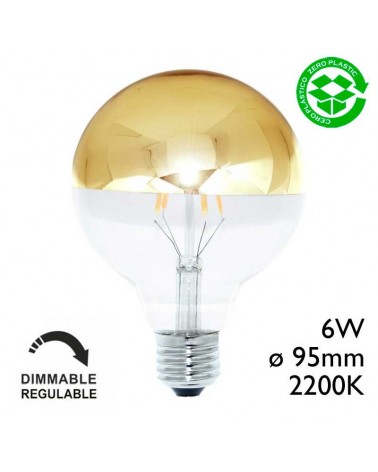 Bombilla Globo 95 mm. Cúpula Espejo Dorado LED Regulable E27 6W 2200K 500Lm.