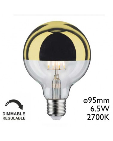 Globe bulb 95mm. Dome Mirror Gold LED filaments Dimmable E27 6,5W 2700K 600Lm