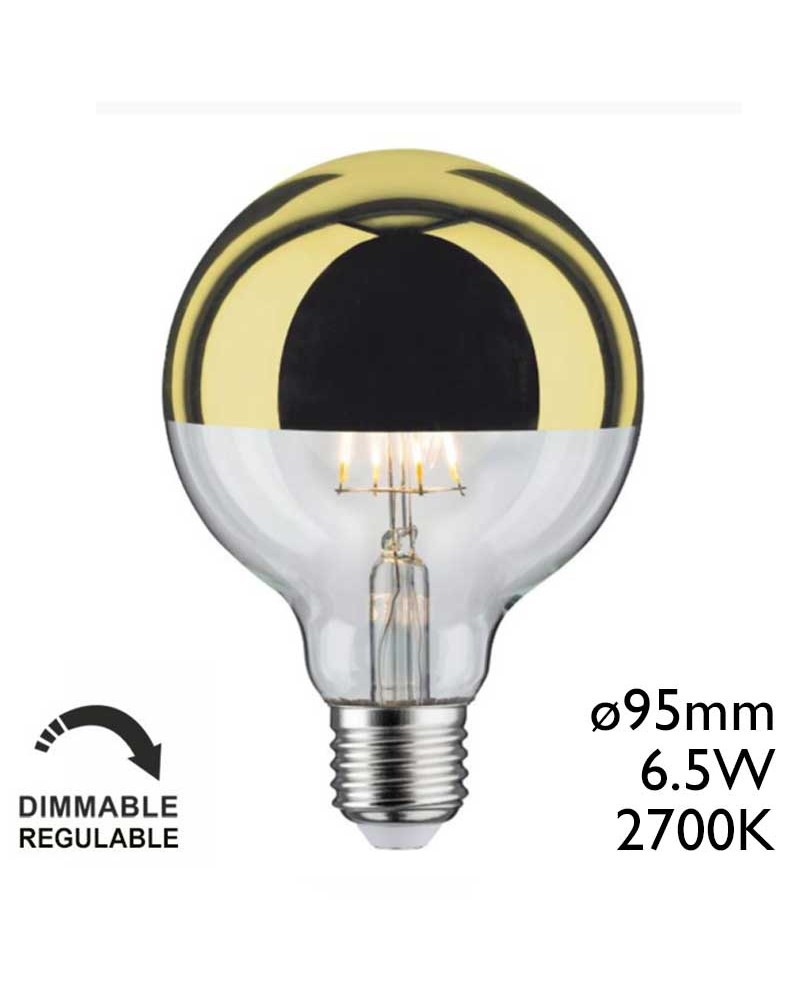 Bombilla Globo 95mm. Cúpula Espejo Dorado filamentos LED Regulable E27 6,5W 2700K 600Lm