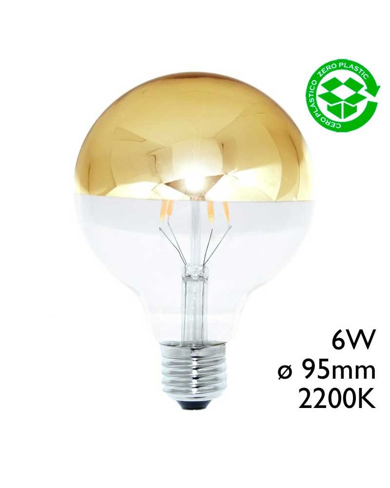 Bombilla Globo 95 mm. Cúpula Espejo Dorado LED E27 6W 2200K 500Lm.