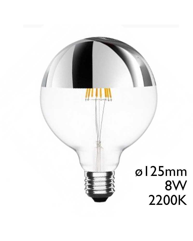 Bombilla Globo 125 mm Cúpula Espejo Plata filamentos LED E27 8W 2200K 750Lm.