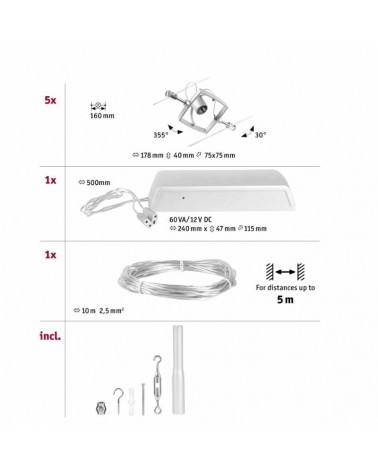 Sistema de cable marco cuadrado nickel mate 5 focos máx. 10W GU5.3 DC