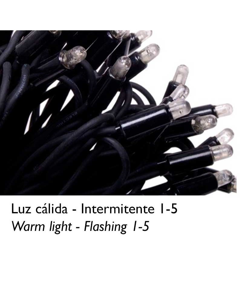 Guirnalda 12m y 180 LEDs Intermitente 5-1 luz cálida cápsula clara cable negro empalmable IP65 apta para exterior