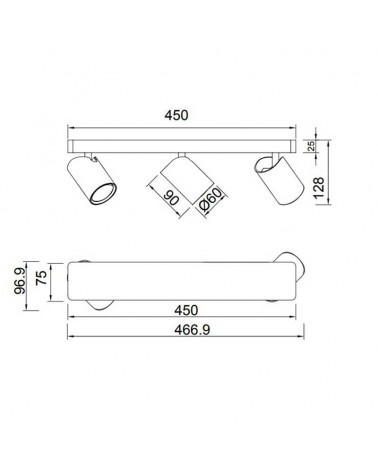 Strip 45cm with 3 aluminum spotlights, black and gold finish, GU10