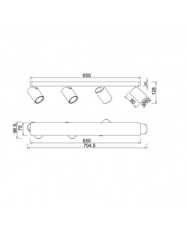 Strip 65cm with 4 aluminum spotlights, black and gold finish, GU10