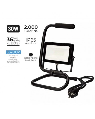 Proyector LED 24cm con soporte negro 30W 6400K IP65