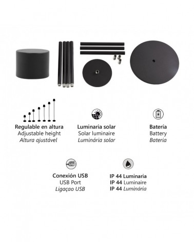 Lámpara solar de pie exterior o de mesa IP44 LED 5W regulable en altura 3000-4000-6500K en metal oro mate