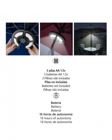 Aro de luz LED para sombrillas fácil instalación con pilas color negro 3W 150LM 6000K