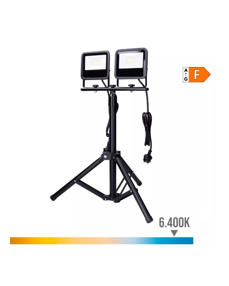 Portable 2 x 30W LED spotlight on adjustable tripod, 2 x 2370Lm 6400K, suitable for outdoor use, IP65