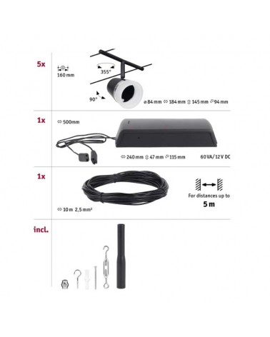 Sistema de cable negro con pantallas negras mate y opal 5 focos máx. 10W GU5.3 DC