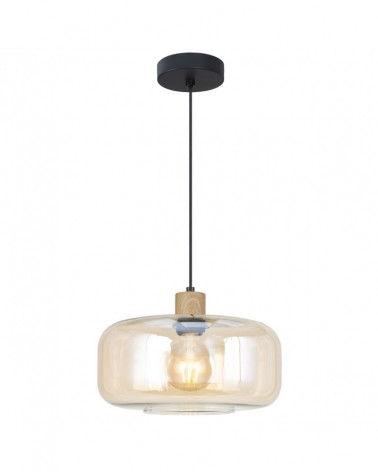 Pendant lamp with amber glass shade, E27 60W socket, wooden detail, black cable