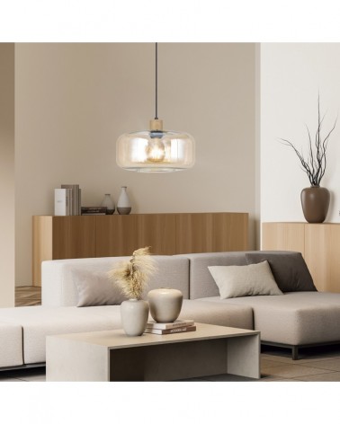 Pendant lamp with amber glass shade, E27 60W socket, wooden detail, black cable