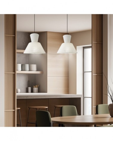 Designer pendant lamp E27 1x60W with double shade, beige fabric finish