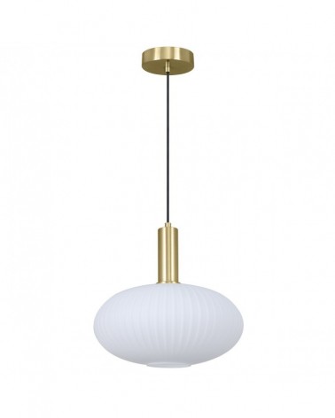 Pendant lamp with oval opal glass shade, pleated effect, E27 60W, brass finish detail
