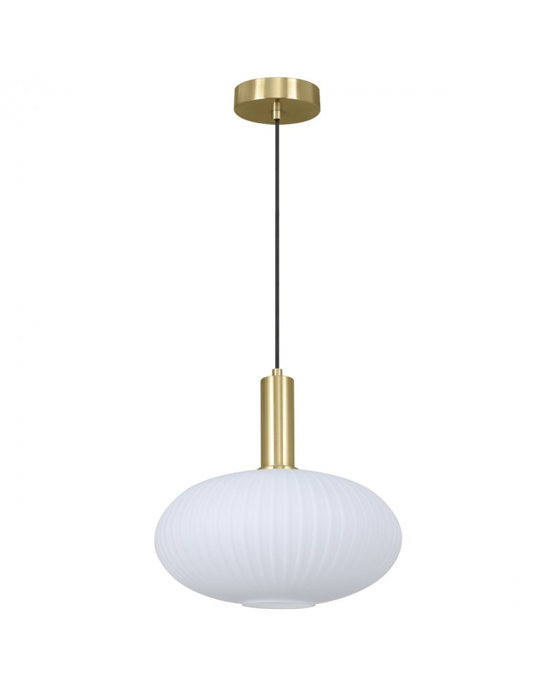 Pendant lamp with oval opal glass shade, pleated effect, E27 60W, brass finish detail