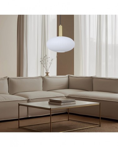 Pendant lamp with oval opal glass shade, pleated effect, E27 60W, brass finish detail