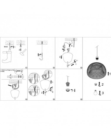 Rustic style wicker pendant lamp 1x60W E27 black cable detail