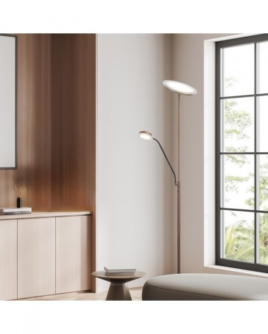 Double arm LED floor lamp 25+5W indirect light + reading spotlight, 4000K, wood and black finish