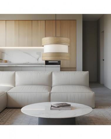 Lámpara colgante doble pantalla 1x60W E27 estilo rústilo-moderno acabado madera y beige