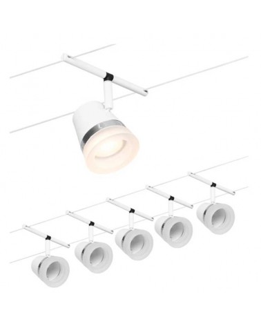 White cable system with matte white and opal shades, 5 spotlights max. 10W GU5.3 DC