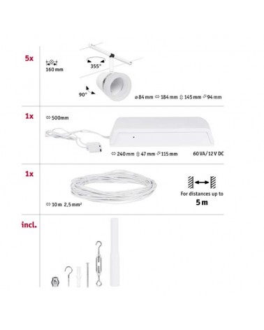 White cable system with matte white and opal shades, 5 spotlights max. 10W GU5.3 DC