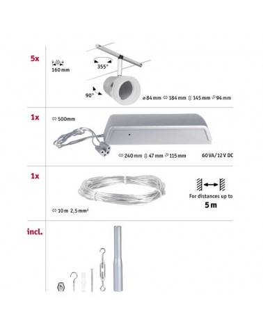 Nickel mate cable system with matte white and opal shades, 5 spotlights max. 10W GU5.3 DC