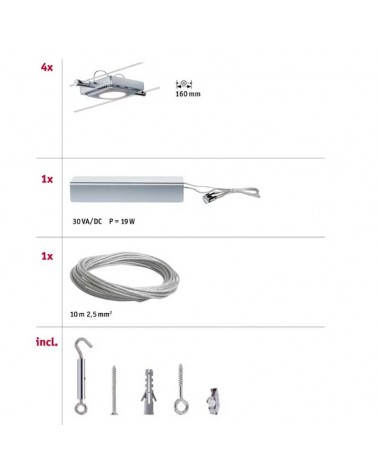 Square frame matt chrome cable system LED 4x4W 230 / 12V DC