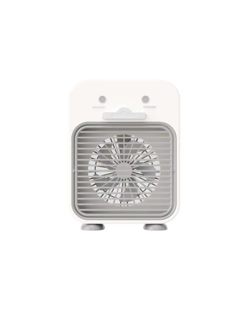 Mini portable fan 3W humidifier mode rechargeable battery adjustable position and speed white finish