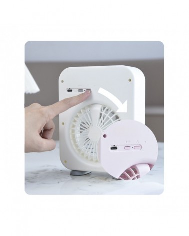 Mini portable fan 3W humidifier mode rechargeable battery adjustable position and speed white finish