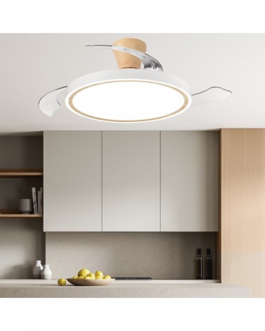 Ventilador de techo 30W con aspas retráctiles y LED 33W 4939Lm CCT mando a distancia color blanco y madera