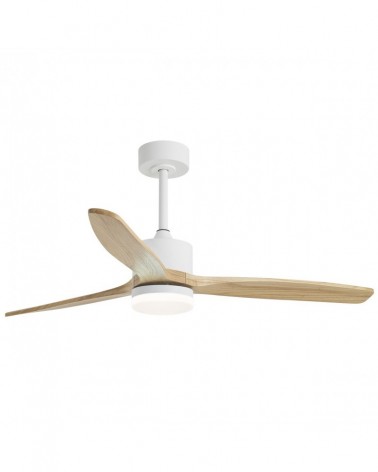 Ventilador de techo 40W Ø132cm luz LED 20W 2437Lm motor DC REGULABLE acabado metal blanco y madera clara