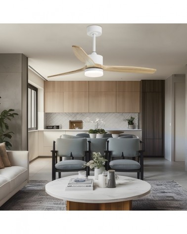Ceiling fan 40W Ø132cm LED light 20W 2437Lm DC motor DIMMABLE white metal and light wood finish