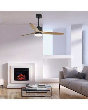 Ventilador de techo 40W Ø132cm luz LED 20W 2437Lm motor DC REGULABLE acabado metal negro y madera clara