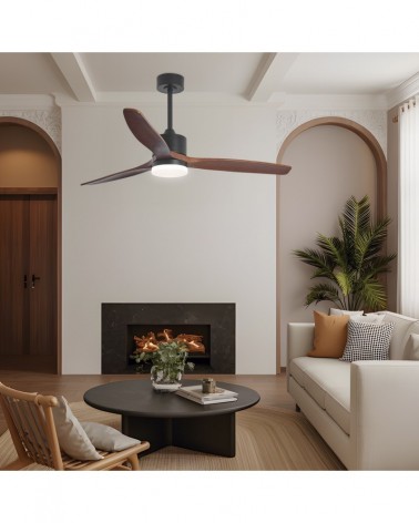 Ventilador de techo 40W Ø132cm luz LED 20W 2437Lm motor DC REGULABLE acabado metal negro y madera oscura