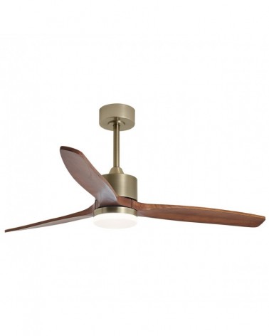 Ventilador de techo 40W Ø132cm luz LED 20W 2437Lm motor DC REGULABLE acabado latón y madera oscura