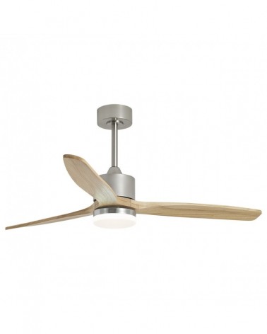 Ventilador de techo 40W Ø132cm luz LED 20W 2437Lm motor DC REGULABLE acabado niquel y madera clara