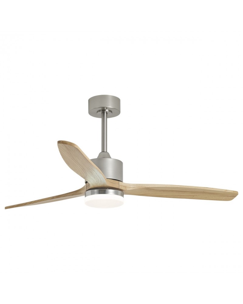 Ventilador de techo 40W Ø132cm luz LED 20W 2437Lm motor DC REGULABLE acabado niquel y madera clara