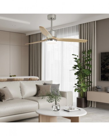 Ventilador de techo 40W Ø132cm luz LED 20W 2437Lm motor DC REGULABLE acabado niquel y madera clara