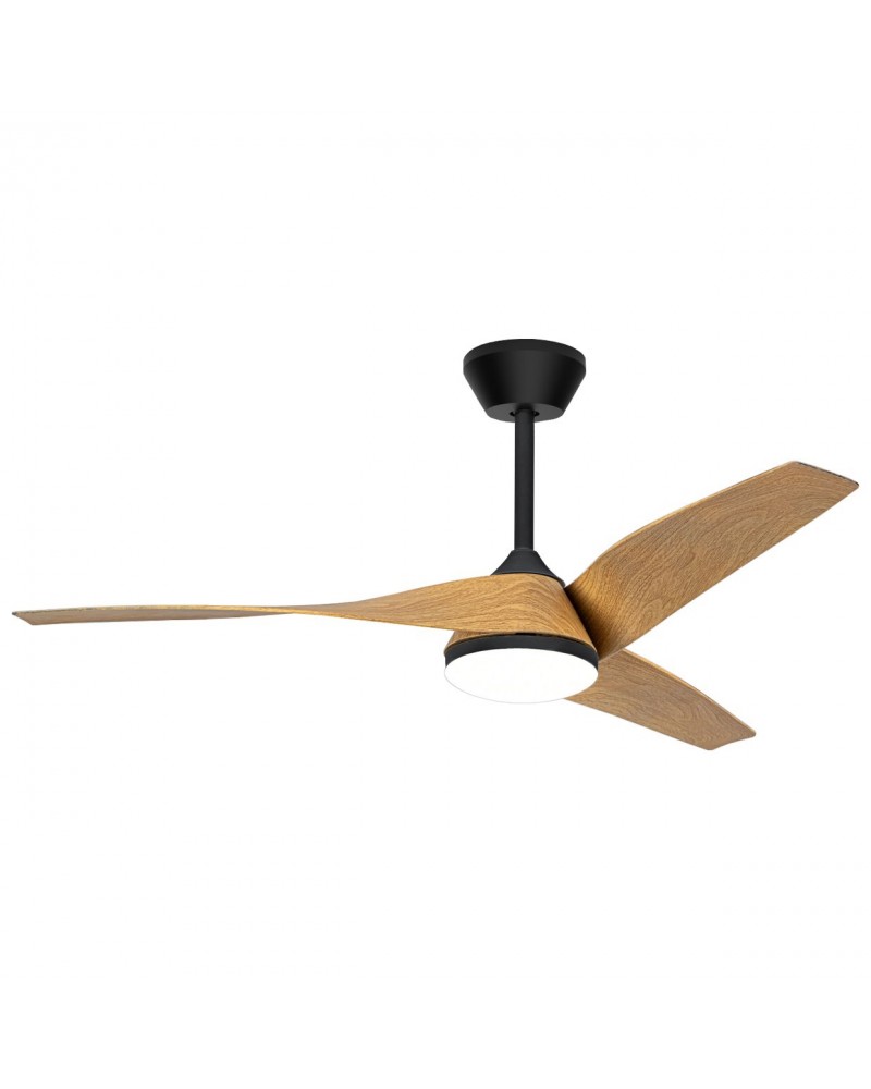 Ventilador de techo líneas ligeras y elegantes 30W Ø132cm motor DC y LED 18W acabado negro y madera