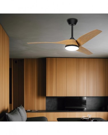 Ceiling fan with light and elegant lines, 30W DC motor and 18W LED, Ø132cm, black and wood finish