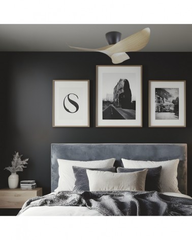 Ventilador de techo estilizado 30W Ø97cm motor DC regulable sin luz en acabado negro y madera clara