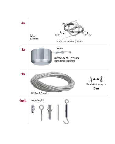 Kit sistema de cable con círculos  cromado con 4 focos máx. 10 W GU5.3