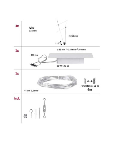 Cable system kit with 3 LED spotlights max. 3x5W GU5.3 chrome finish, transformer included
